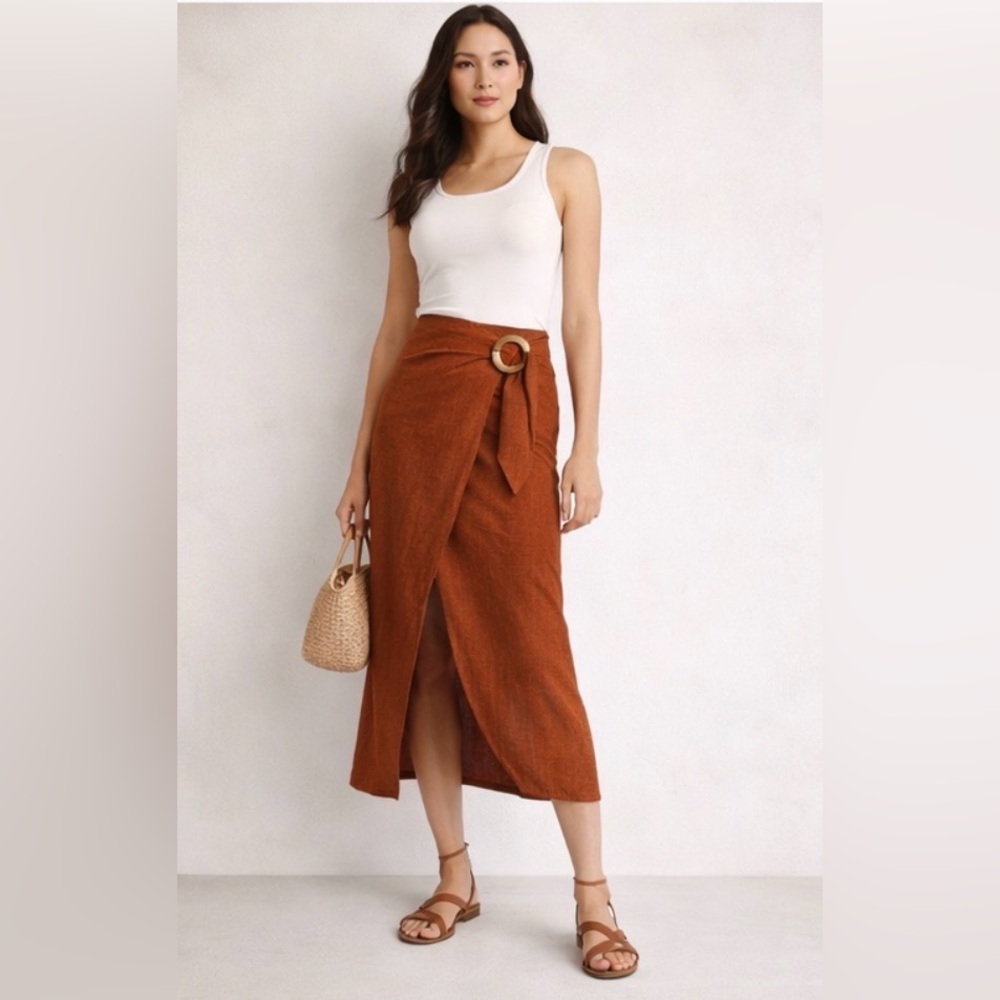 & Other Stories Rust Orange Wrap Midi Skirt Tortoise Buckle Slit Size 0 NEW